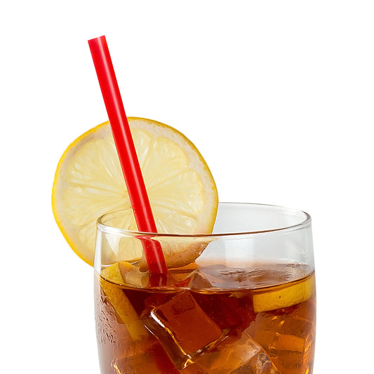 9" Giant Red Paper Wrapped Straws in an iced tea close up