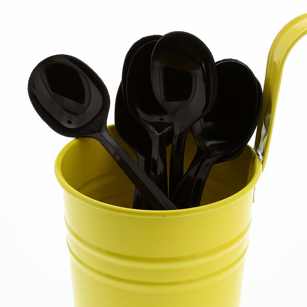 Medium Weight Black Polypropylene spoons in a yellow cup
