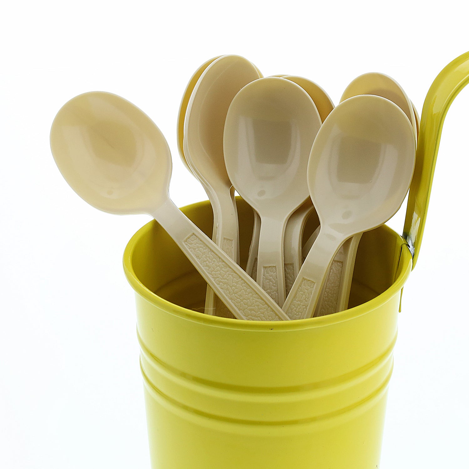 Heavy Champagne Polystyrene Soupspoons in a yellow cup