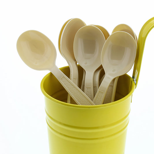 Heavy Champagne Polystyrene Soupspoons in a yellow cup