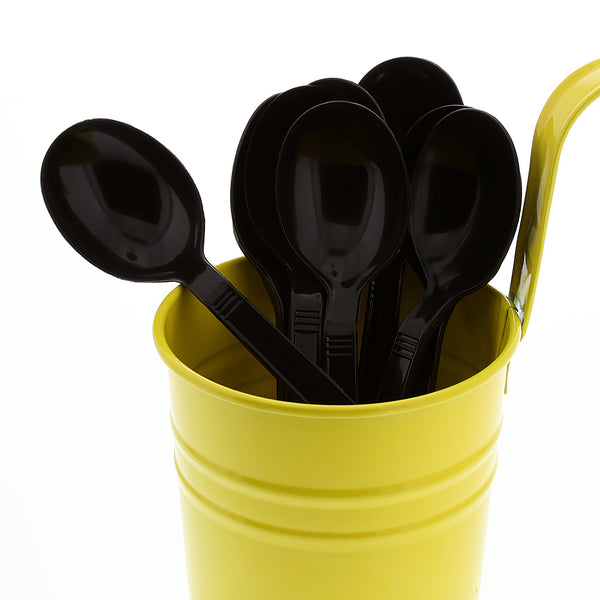 Heavy Weight Black Polypropylene Soupspoons in a yellow cup