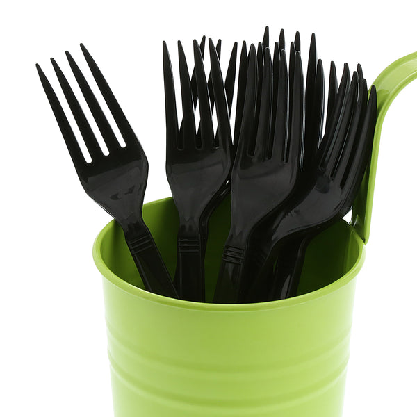 Heavy Weight Black Polypropylene Forks in a green cup