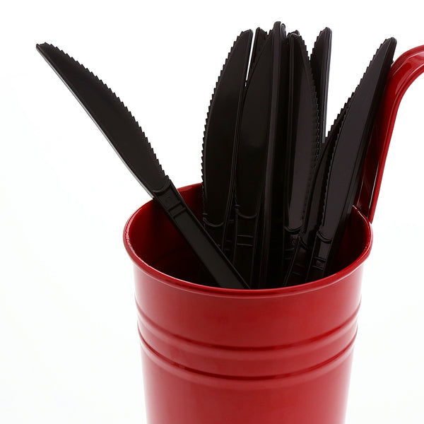 Heavy Weight Black Polypropylene Knives in a red cup