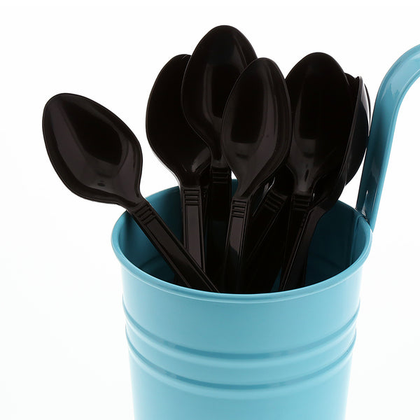 Heavy Weight Black Polypropylene Teaspoons in a blue cup