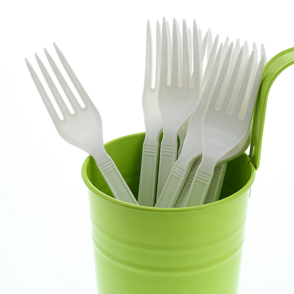 Heavy Weight White Polypropylene Forks in a green cup
