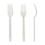 Three Heavy Weight White Polypropylene unwrapped Forks from various angles