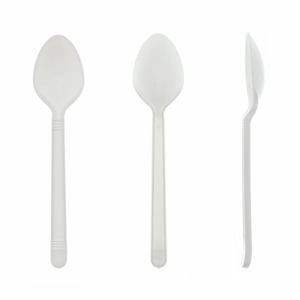 Heavy Weight White Polypropylene unwrapped Teaspoons from various angles