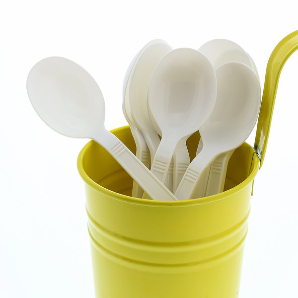 Heavy Weight White Polypropylene Soupspoons in a yellow cup