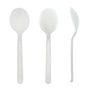 Heavy Weight White Polypropylene Individually Wrapped Soup Spoons unwrapped from various angles