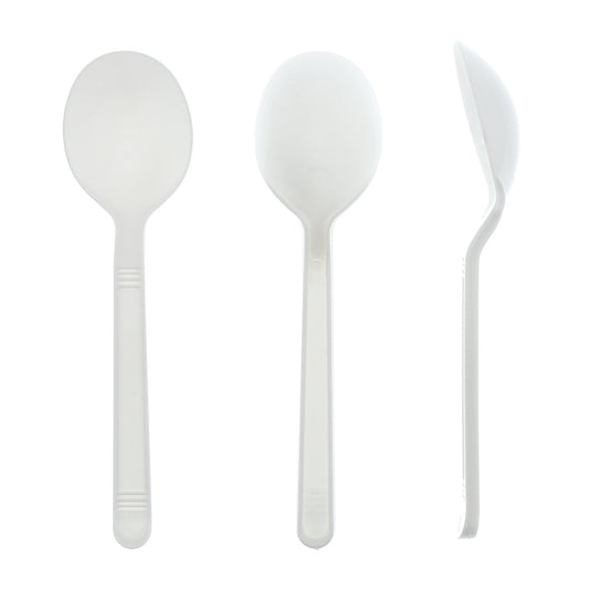 Heavy Weight White Polypropylene Individually Wrapped Soup Spoons unwrapped from various angles