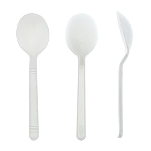 Heavy Weight White Polypropylene Individually Wrapped Soup Spoons unwrapped from various angles