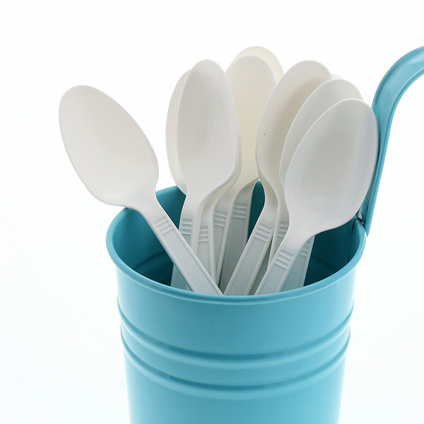 Medium Heavy Weight White Polypropylene Teaspoons in a blue cup