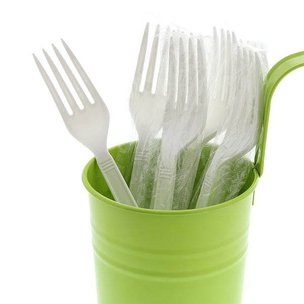 Heavy Weight White Polypropylene Individually Wrapped Forks in a green cup