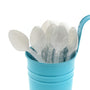 Heavy Weight White Polypropylene Individually Wrapped Teaspoons in a blue cup