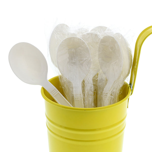 Heavy Weight White Polypropylene Individually Wrapped Soupspoons in a yellow cup