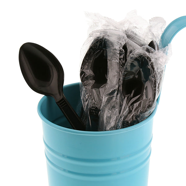 Heavy Weight Black Polypropylene Individually Wrapped Teaspoons in a blue cup