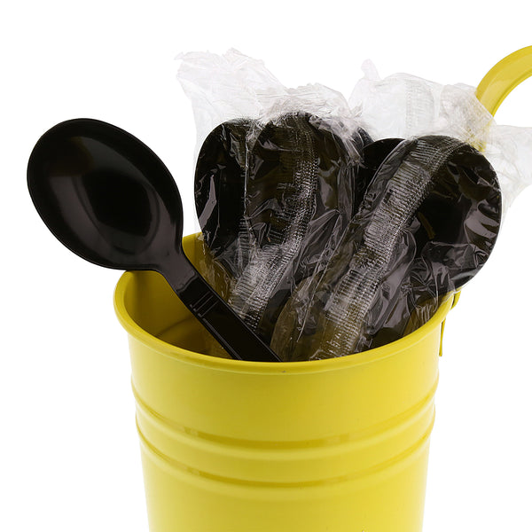 Heavy Weight Black Polypropylene Individually Wrapped Soupspoons in a yellow cup