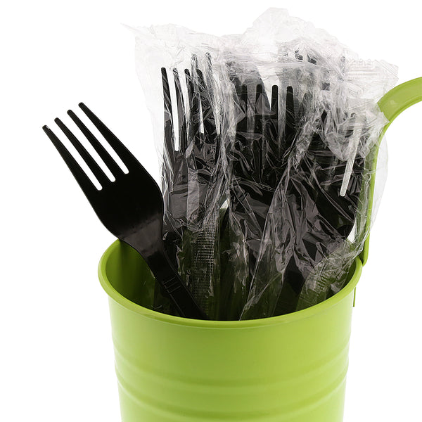 Medium Heavy Weight Black Polypropylene Individually Wrapped Forks in a green cup