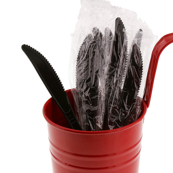 Medium Heavy Weight Black Polypropylene Individually Wrapped Knives in a red cup