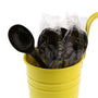 Medium Heavy Weight Black Polypropylene Individually Wrapped Soupspoons in a yellow cup