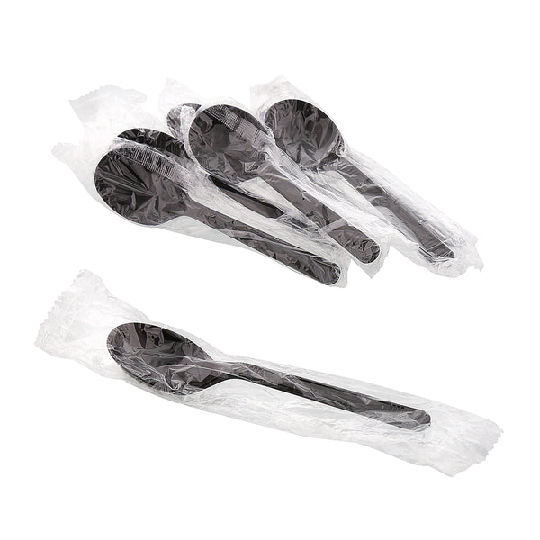 Medium Heavy Weight Black Polypropylene Individually Wrapped Soupspoons