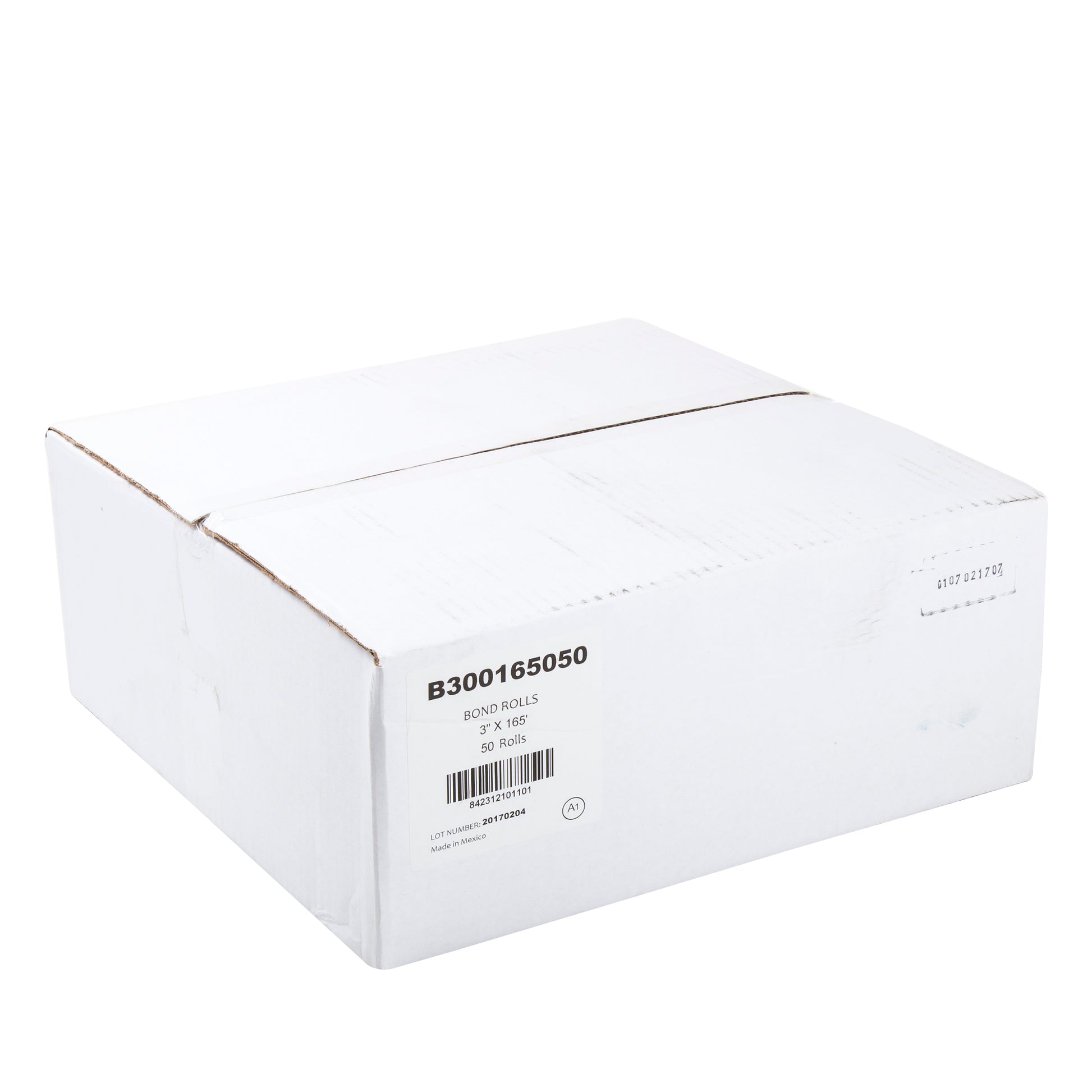 Closed case of 50 white bond paper rolls