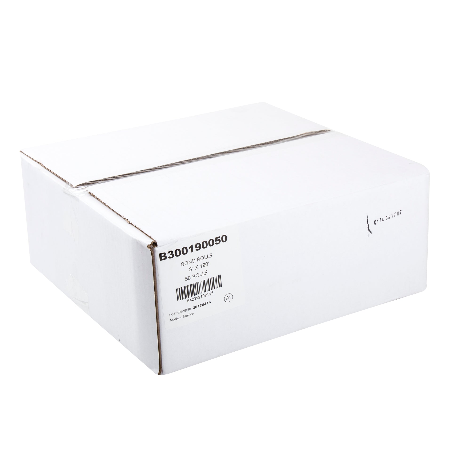 Closed case of white 3" x 190' bond paper rolls