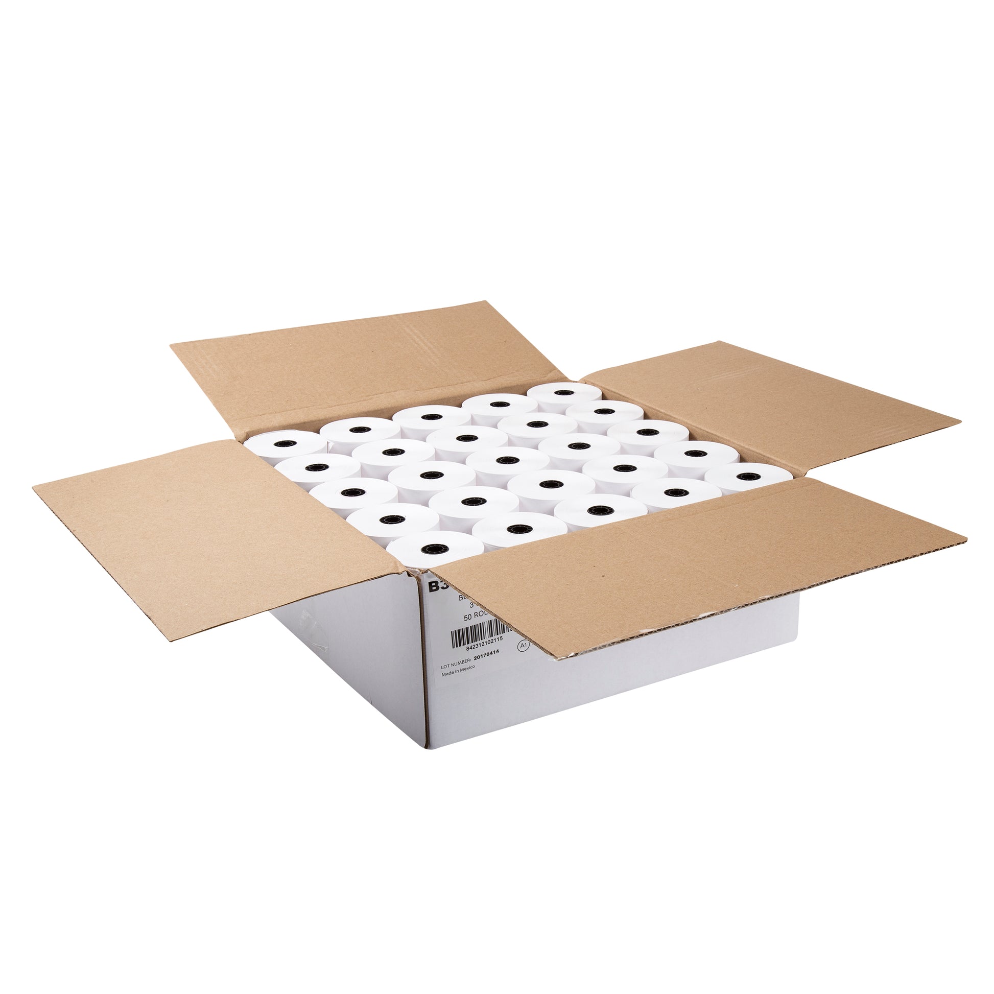 Open case of white 3" x 190' bond paper rolls