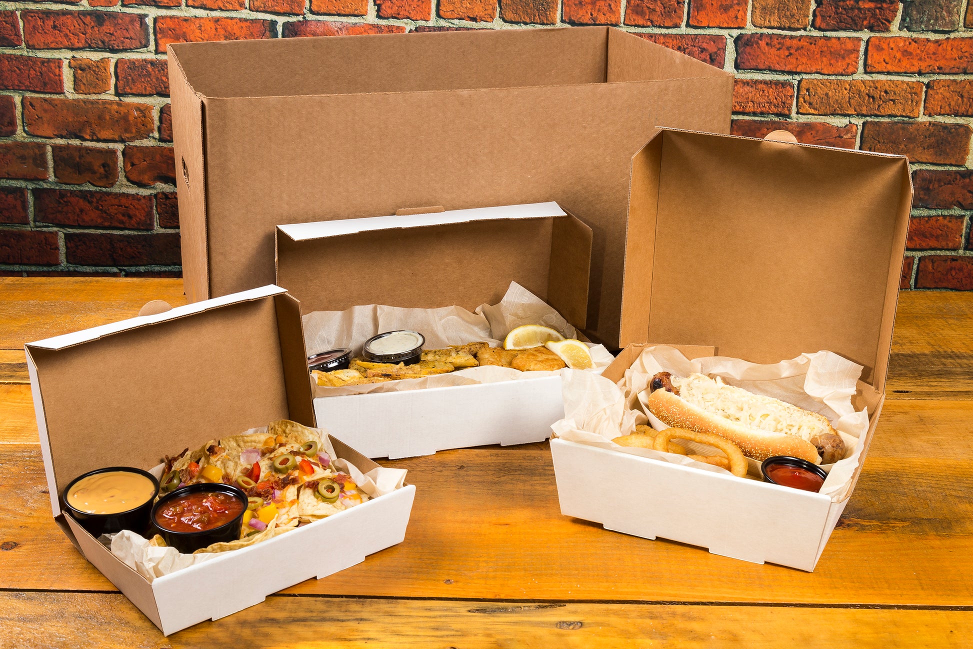 Kraft 22" x 13" x 12-1/2" Corrugated Handle Carry Out Box filled with boxes of takeout