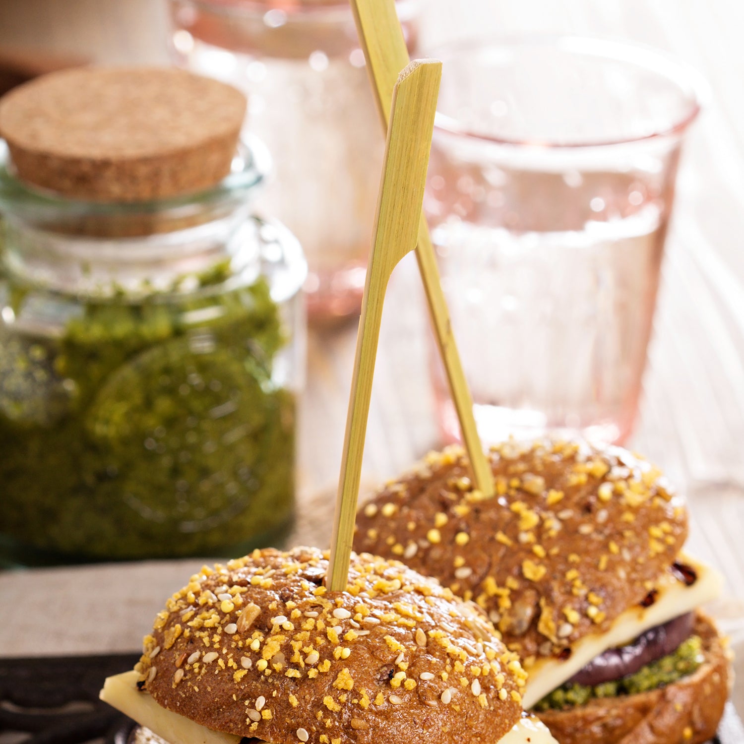 6" Bamboo Paddle Picks Inserted in Hamburgers
