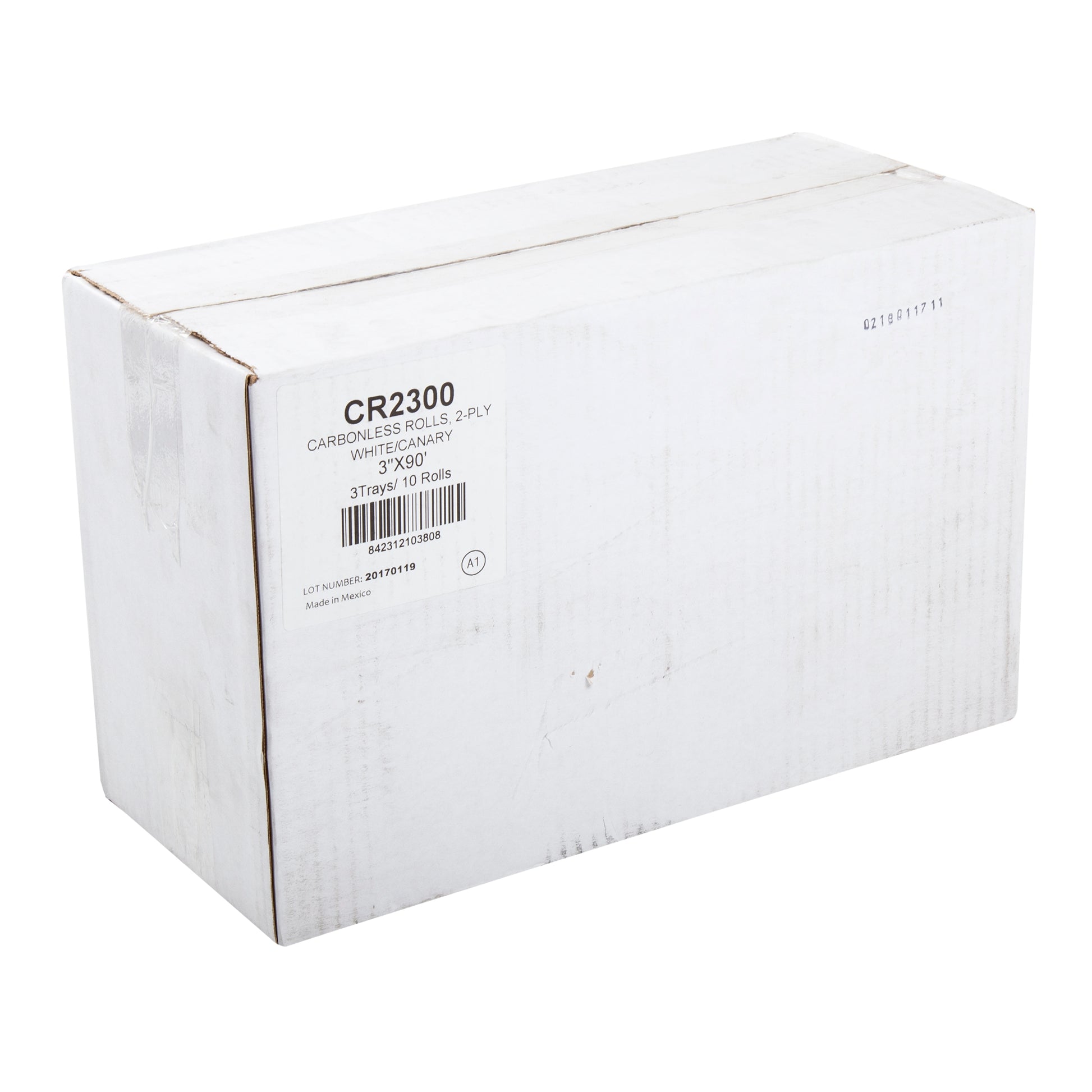 Closed case of 3" x 90' 2 ply carbonless paper rolls