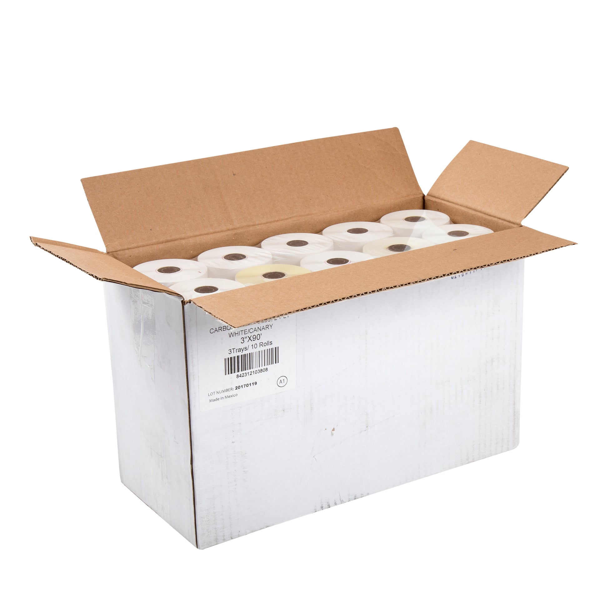 Open case of 3" x 90' 2 ply carbonless paper rolls
