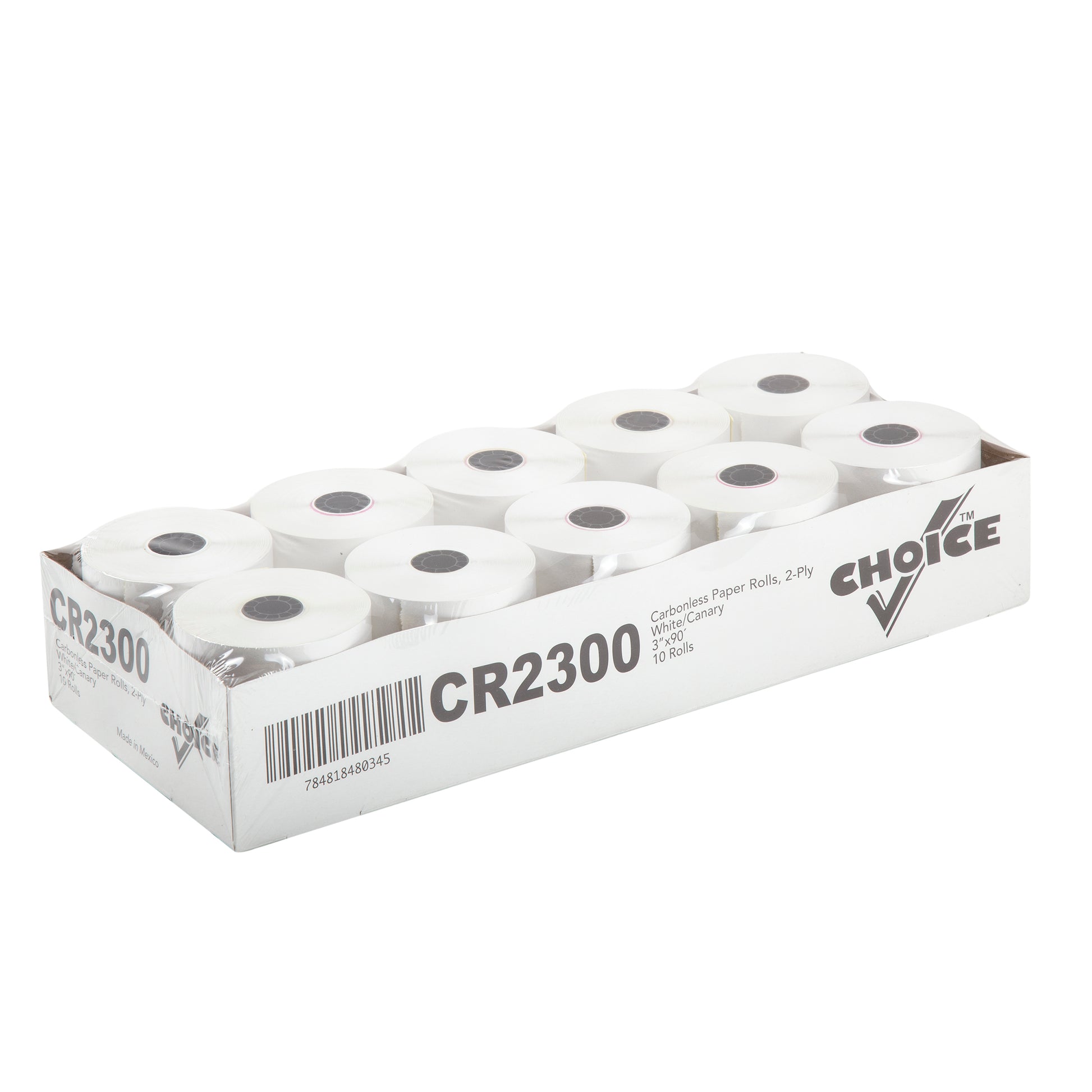 Tray of 3" x 90' 2 ply carbonless paper rolls in plastic sleeve