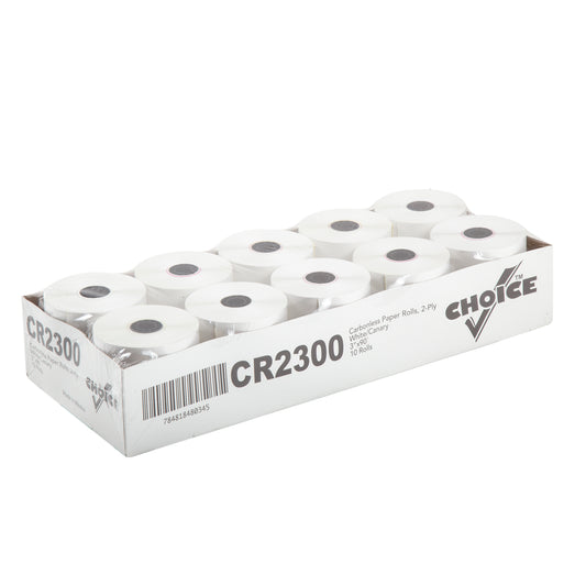 Tray of 3" x 90' 2 ply carbonless paper rolls in plastic sleeve