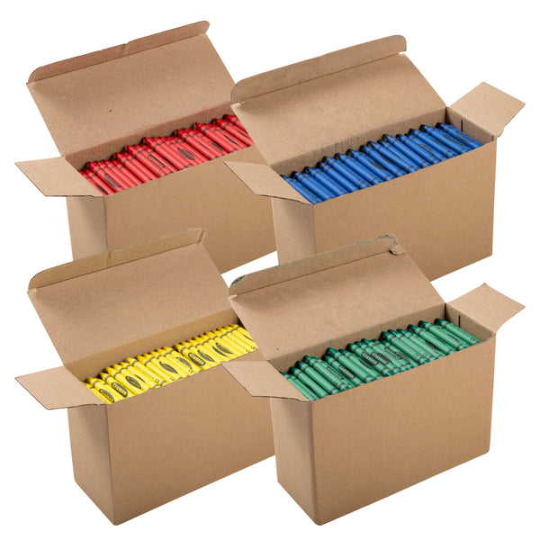 Red, blue, yellow and green crayons divided by color into separate boxes
