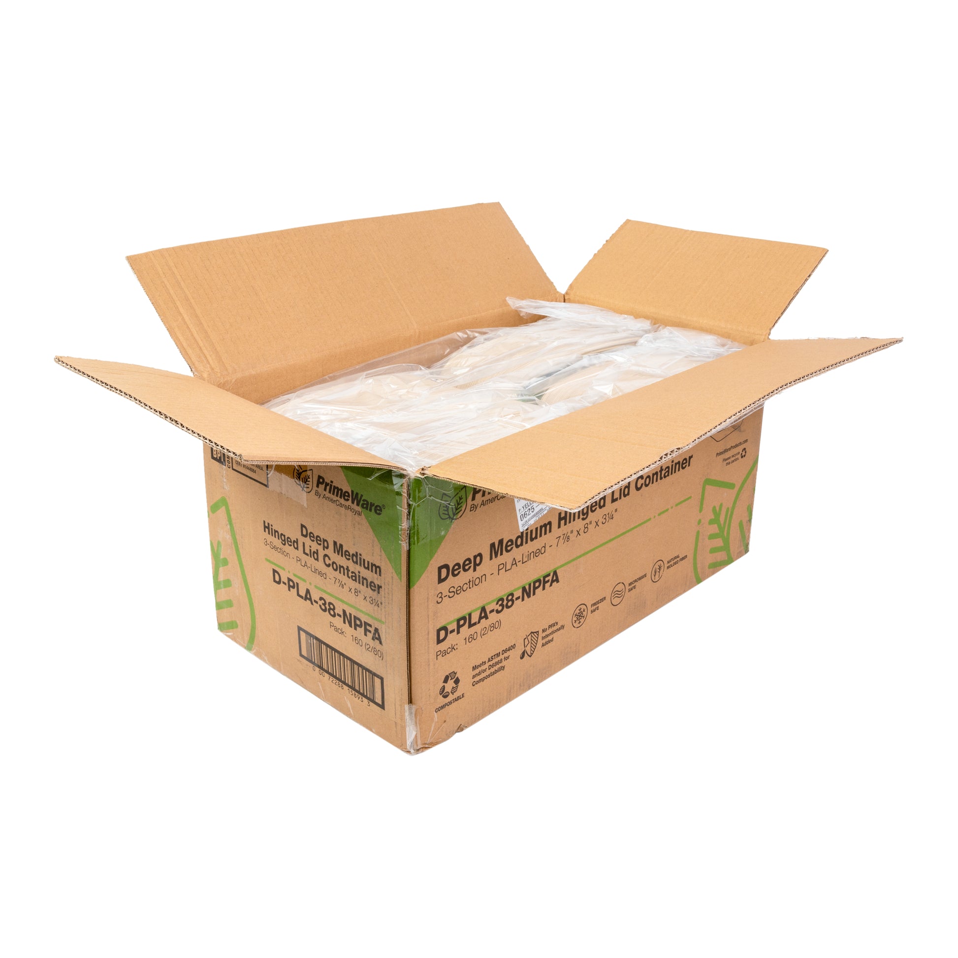 open case of No PFAS added 7.875" x 8" x 3.19" Medium 3 Section Molded Fiber Deep Hinged Lid Containers
