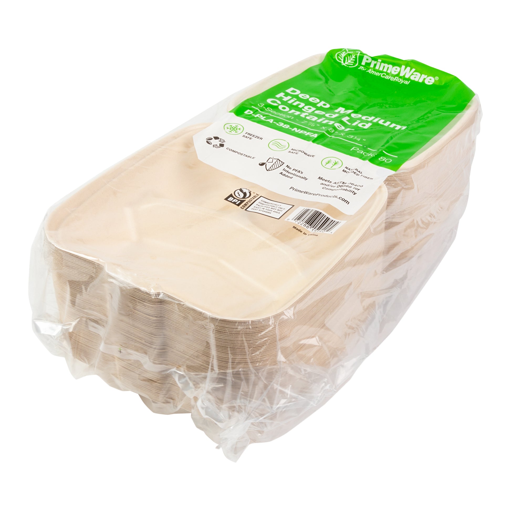 sleeve No PFAS added 7.875" x 8" x 3.19" Medium 3 Section Molded Fiber Deep Hinged Lid Containers