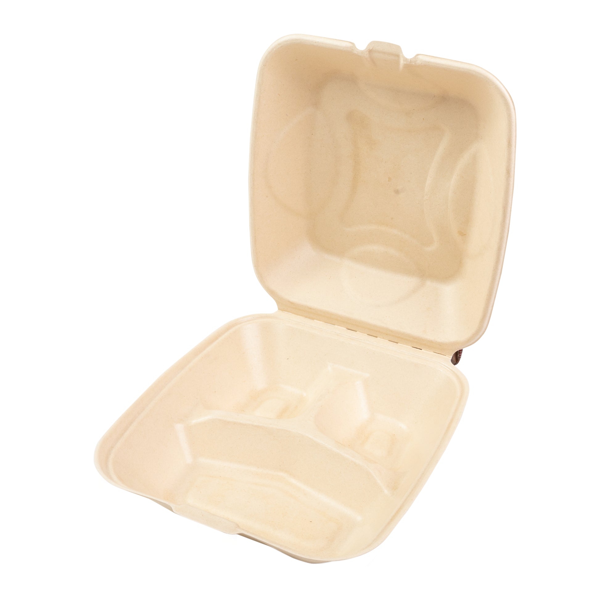 No PFAS added 7.875" x 8" x 3.19" Medium 3 Section Molded Fiber Deep Hinged Lid Container ajar