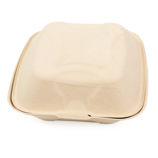 No PFAS added 7.875" x 8" x 3.19" Medium 3 Section Molded Fiber Deep Hinged Lid Container closed