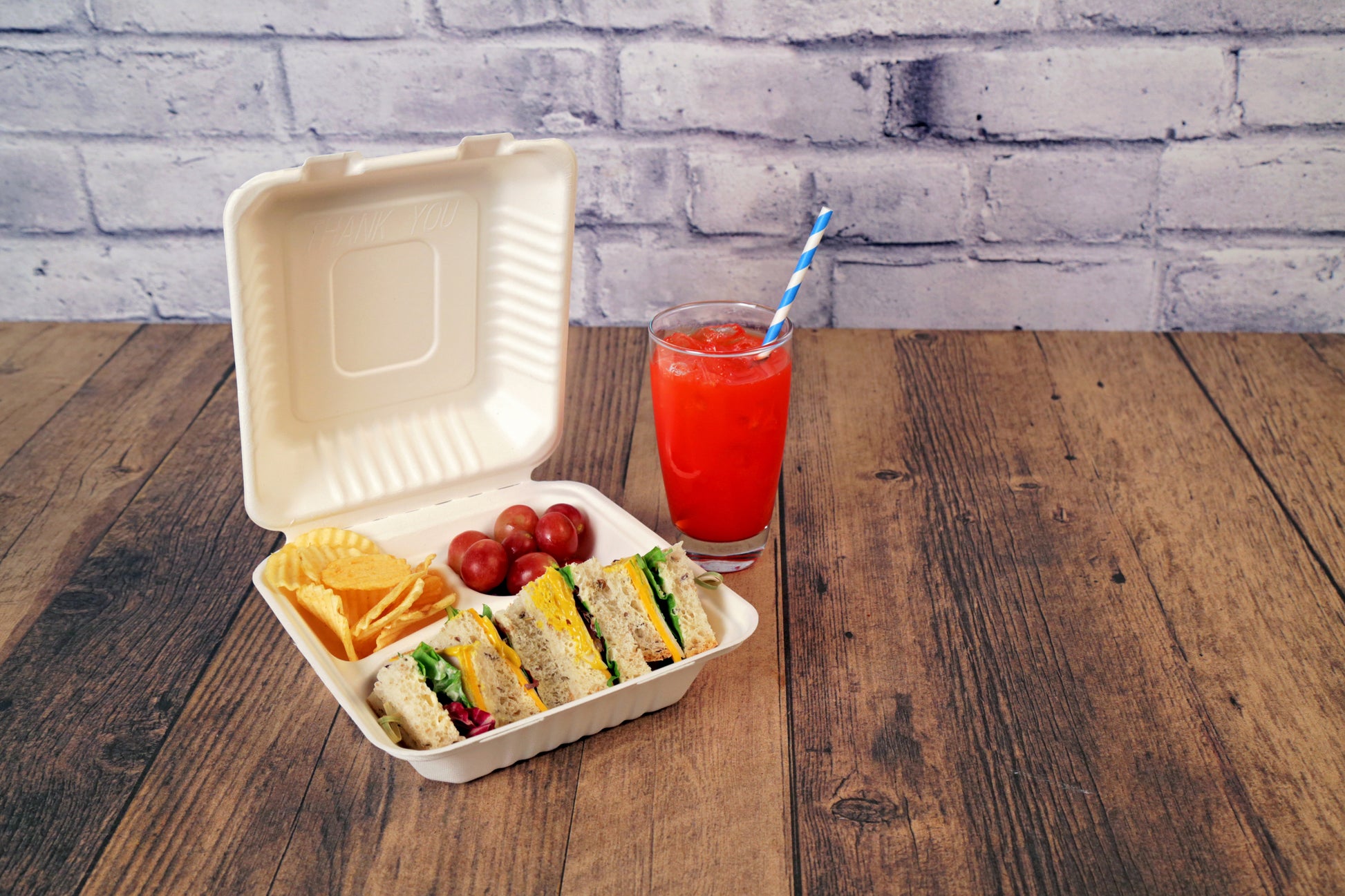 Medium 3 Section Molded Fiber Deep Hinged Lid Container  with food inside