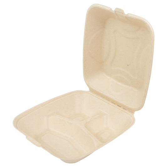 No PFAS added 8" x 8" x 3.19" Medium 3 Section Molded Fiber Deep Clamshell/Hinged Lid Container open ajar