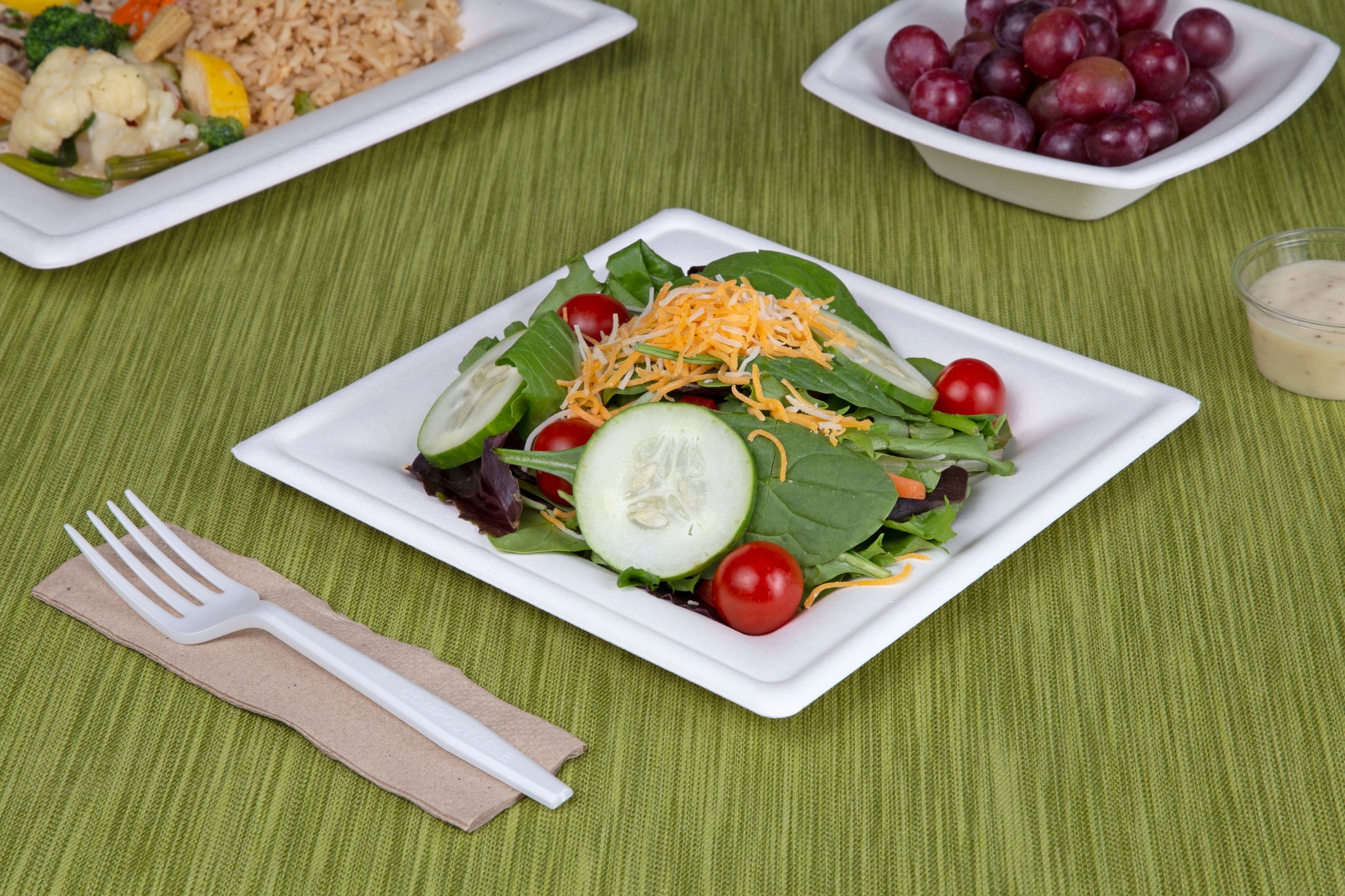 food on an 8" square molded fiber plate