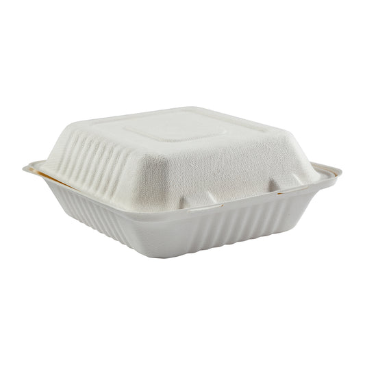 No PFAS added 7.875" x 8" x 3.19" Medium Molded Fiber Deep Hinged Lid Containers PLA Lined, Case of 160
