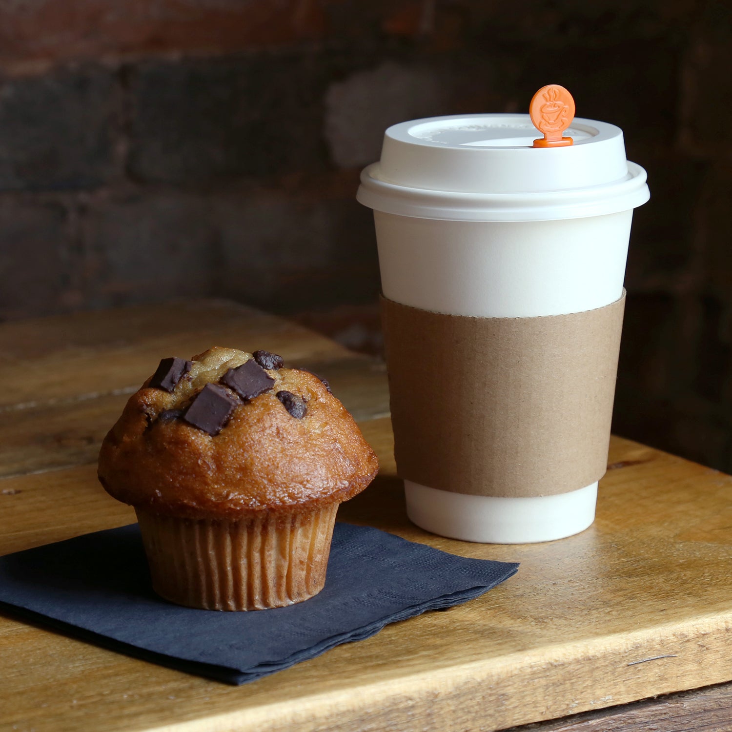Primeware Kraft Hot Cup Sleeve on Coffee Cup with Lid Plug and Muffin