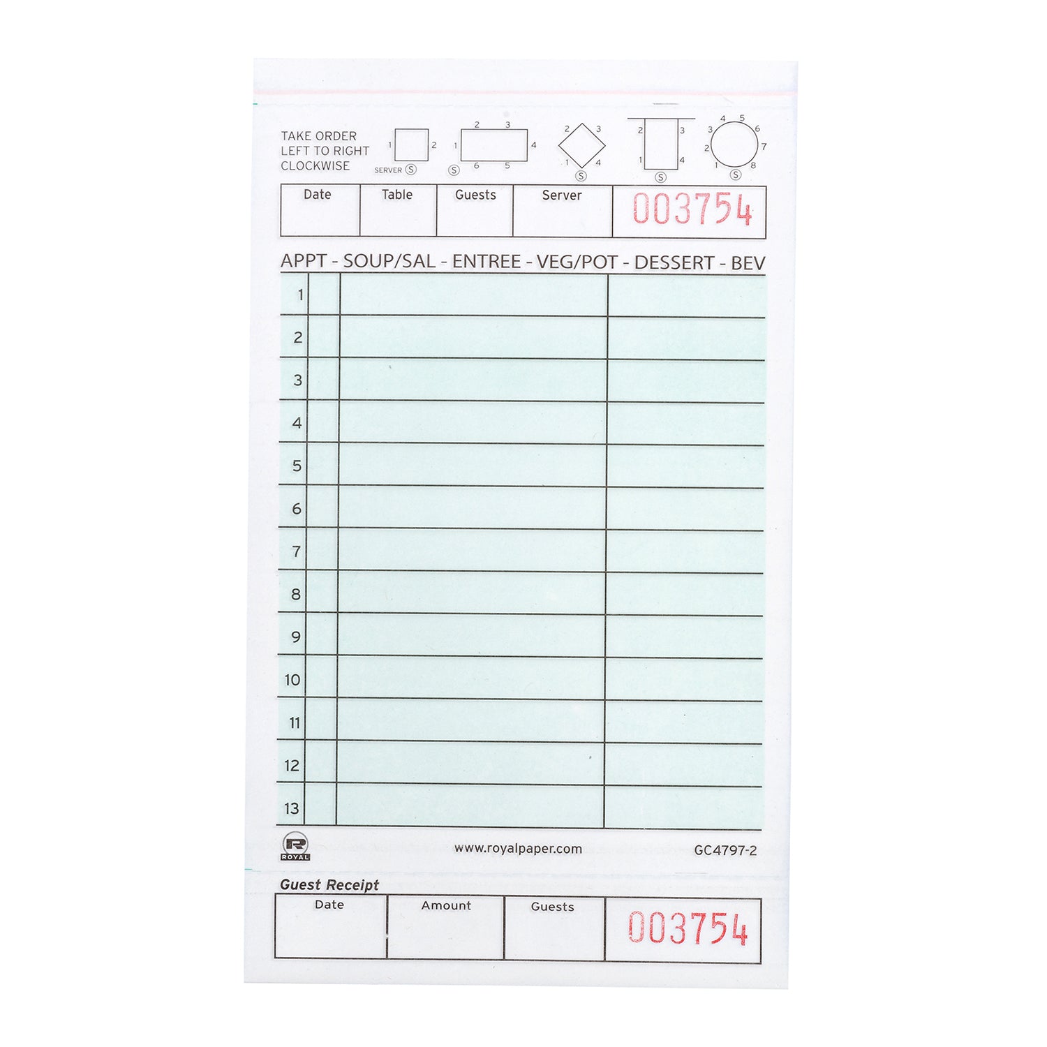 Green Carbonless Guest Check-2 Part Loose