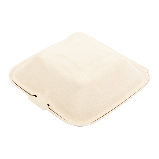 6" x 6" no added pfas molded fiber hinged lid container closed angled view
