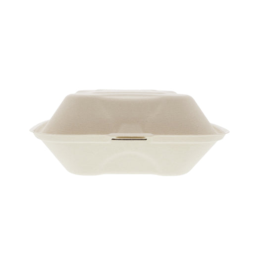 closed front view 8" x 8" no added PFAS molded fiber hinged container