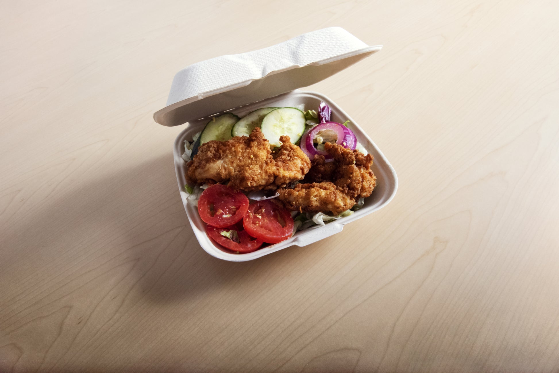 8" x 8" no added PFAS molded fiber hinged container with food inside