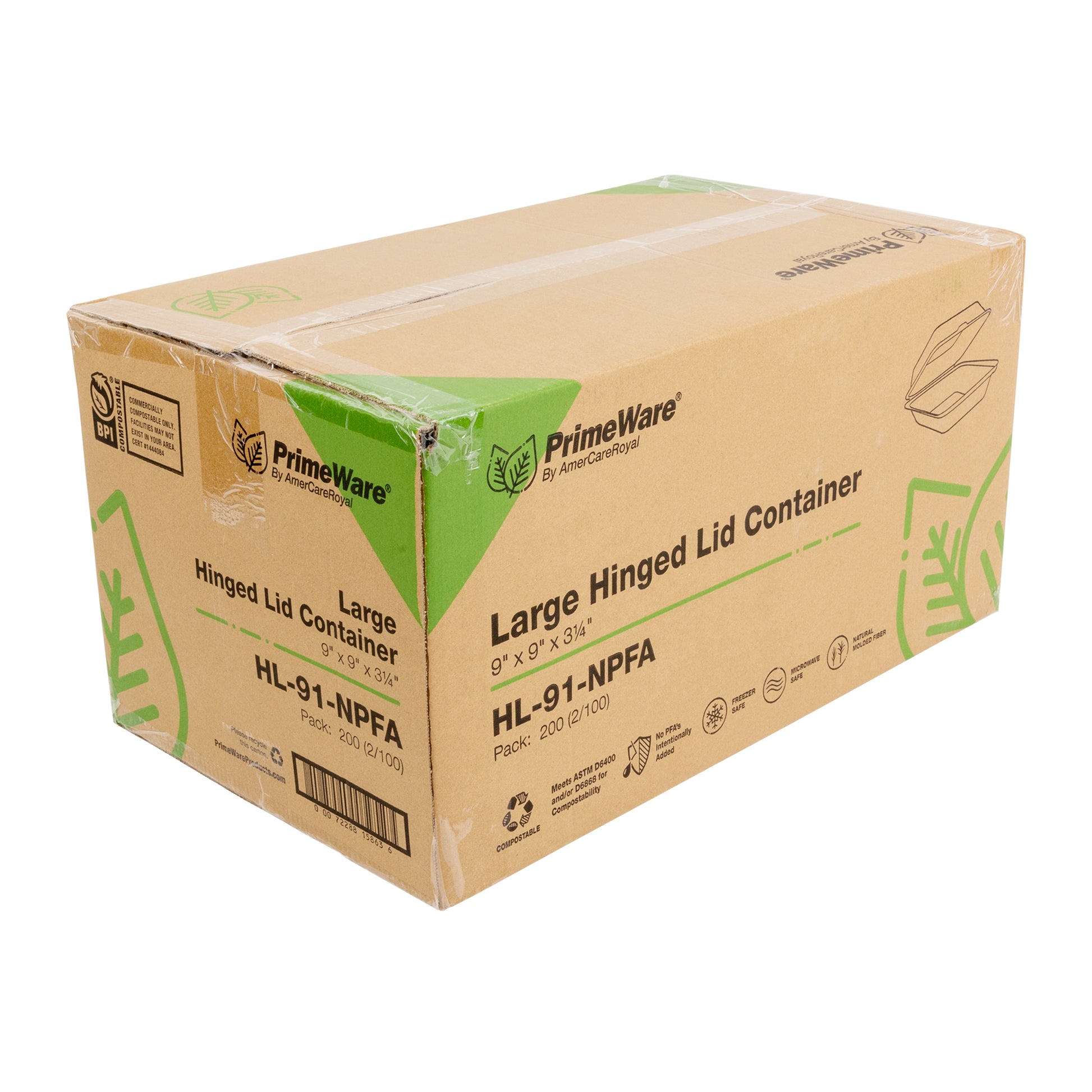 closed case of 9" x 9" no added PFAS molded fiber hinged lid clamshell containers