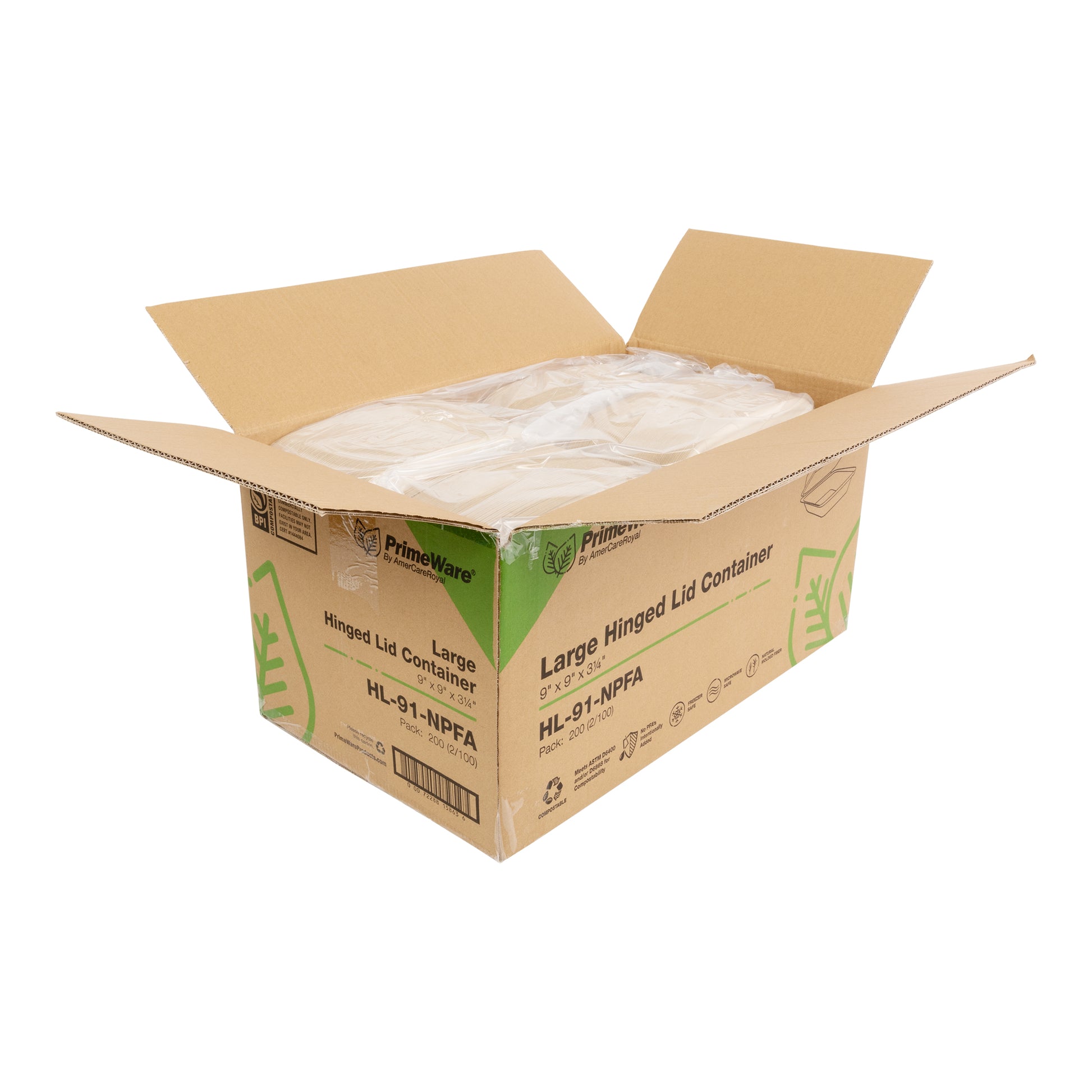 open case of 9" x 9" no added PFAS molded fiber hinged lid clamshell containers